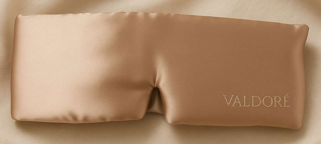 Beige satin eye mask with 'VALDOR®' branding on a beige fabric background