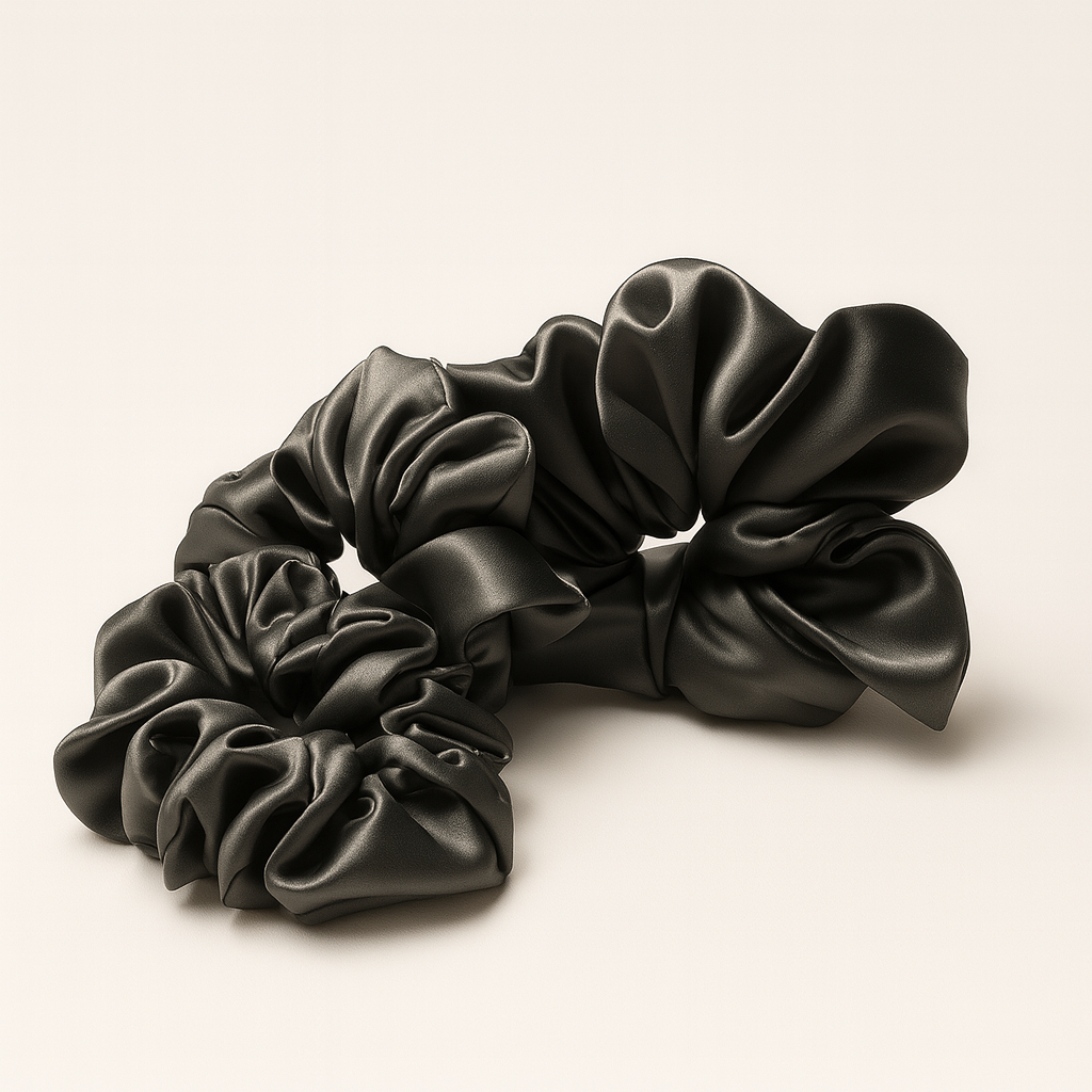 Pure silk hair scrunchies in grey by Valdoré