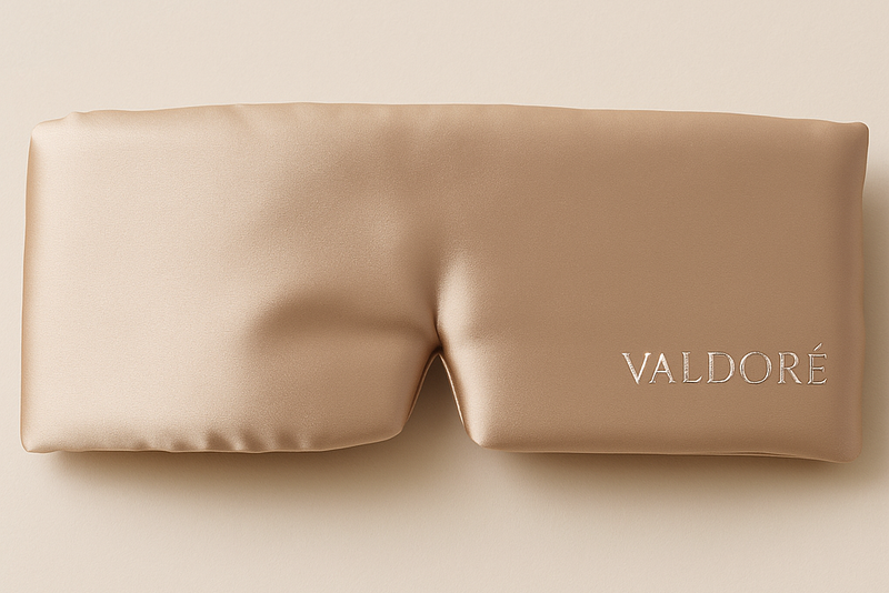 Weighted silk sleep mask in champagne beige by Valdoré