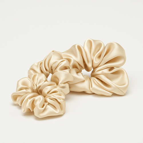 Pure silk hair scrunchies in champagne beige by Valdoré