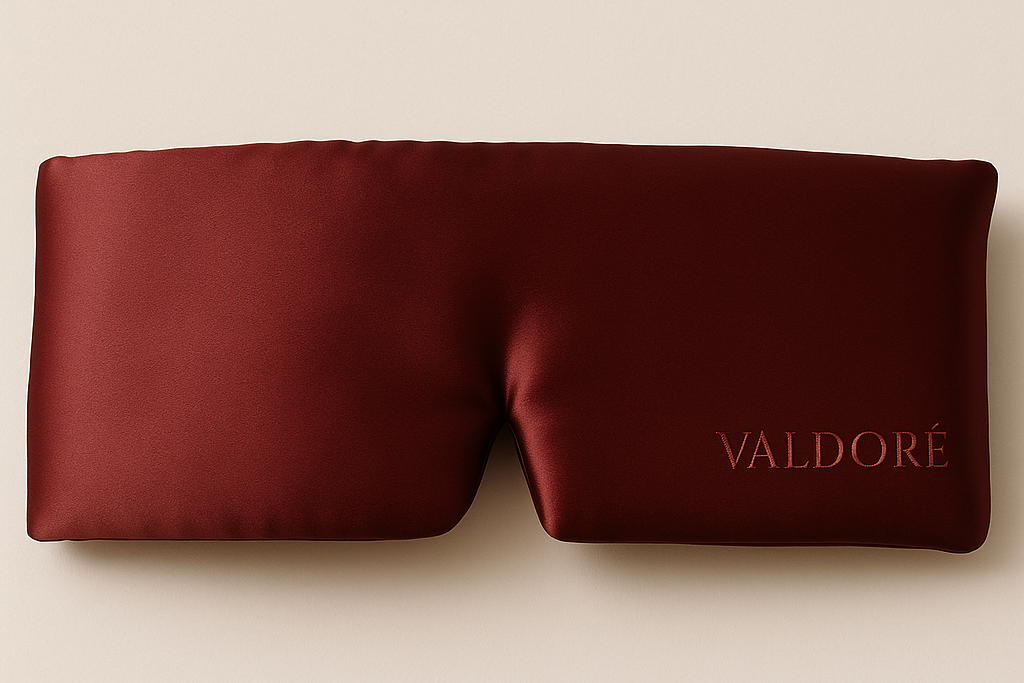 Weighted silk sleep mask in burgundy red by Valdoré