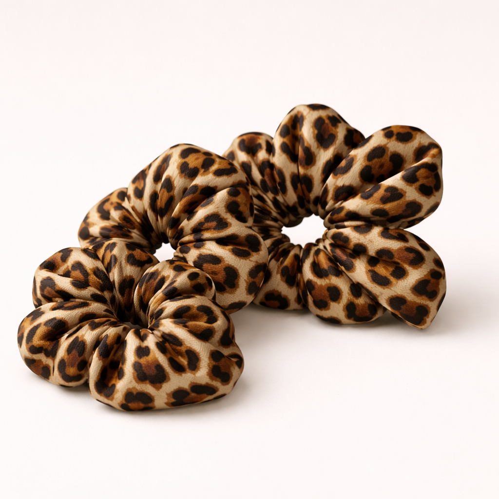Three leopard print scrunchies on a white background