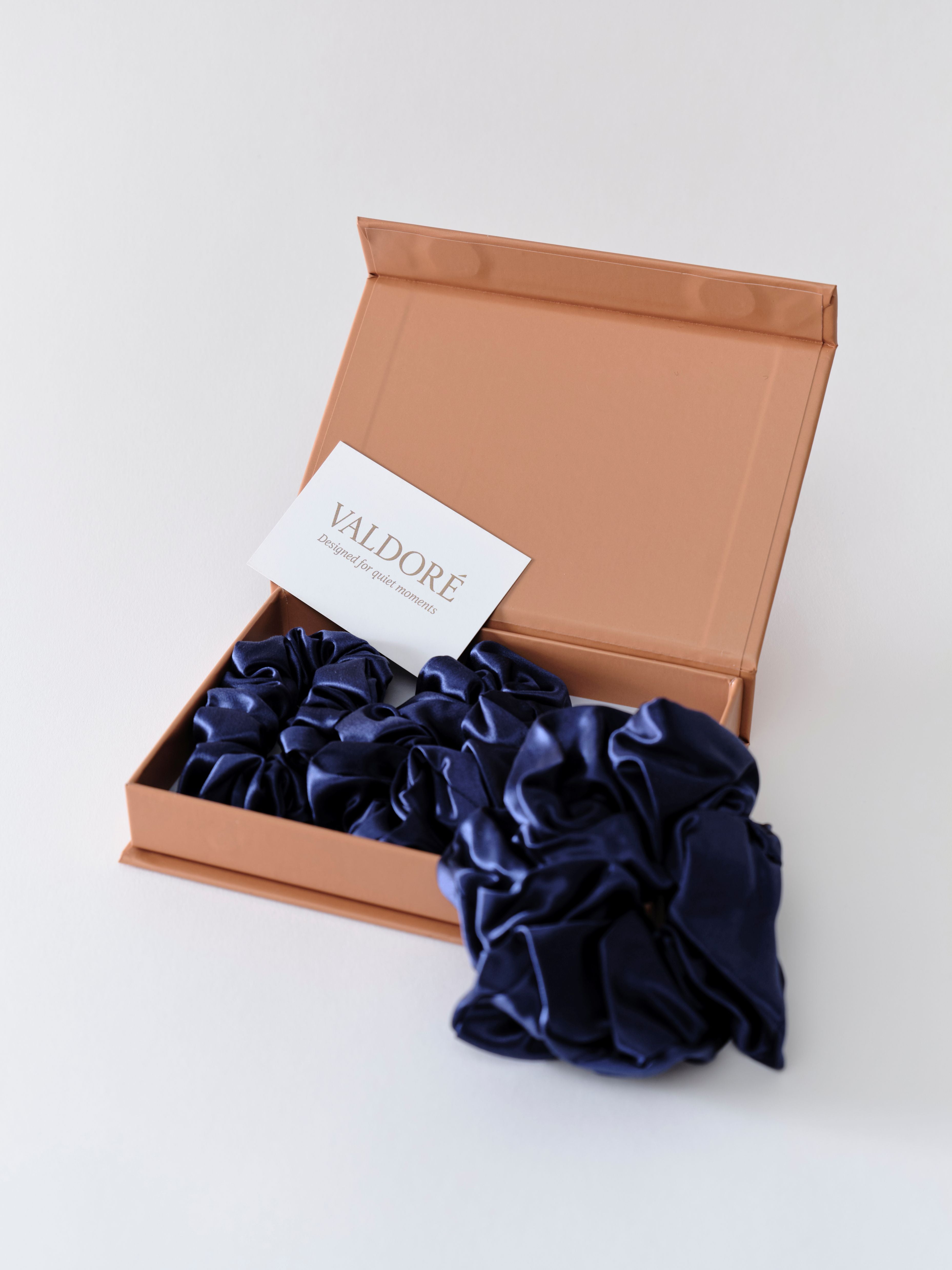 Valdoré Pure Silk Scrunchies Set – Navy Blue